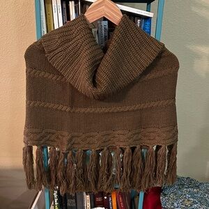 Chocolate Brown Knit Fringe Shawl Collar Cape
